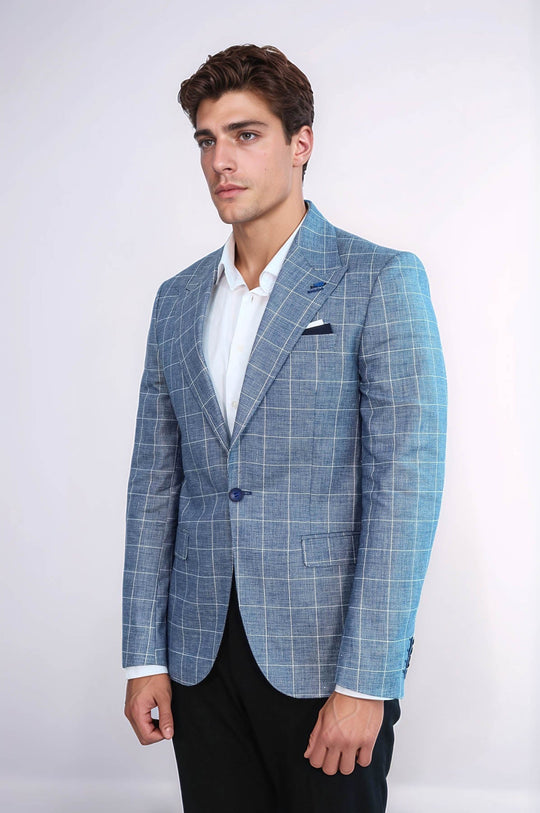 Men’s Royal Blue Plaid Slim Fit Wide Peak Lapel Blazer