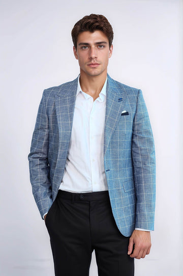 Men’s Royal Blue Plaid Slim Fit Wide Peak Lapel Blazer