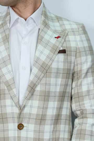 Men’s Light Brown Plaid Slim Fit Wide Peak Lapel Blazer
