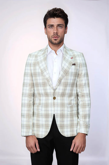 Men’s Light Brown Plaid Slim Fit Wide Peak Lapel Blazer