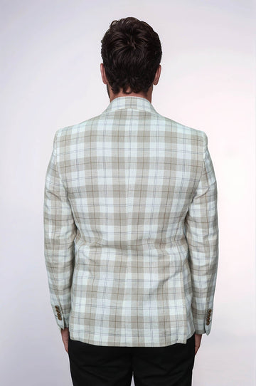 Men’s Light Brown Plaid Slim Fit Wide Peak Lapel Blazer