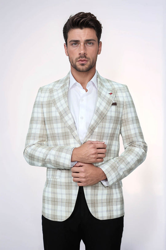 Men’s Light Brown Plaid Slim Fit Wide Peak Lapel Blazer