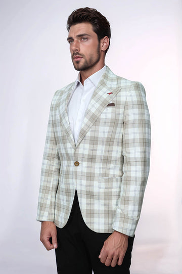 Men’s Light Brown Plaid Slim Fit Wide Peak Lapel Blazer