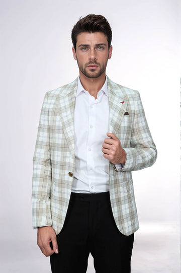 Men’s Light Brown Plaid Slim Fit Wide Peak Lapel Blazer