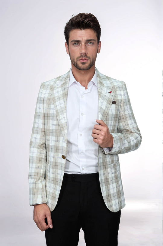 Men’s Light Brown Plaid Slim Fit Wide Peak Lapel Blazer
