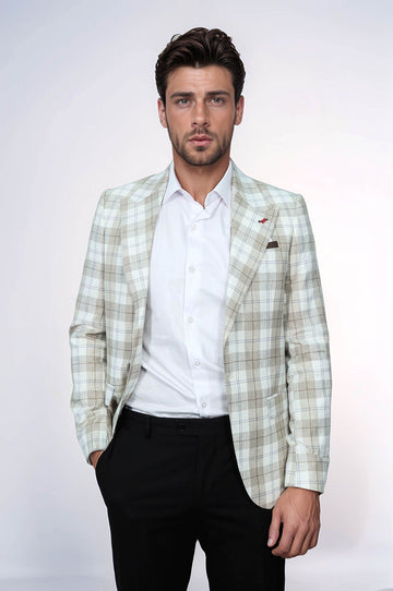 Men’s Light Brown Plaid Slim Fit Wide Peak Lapel Blazer
