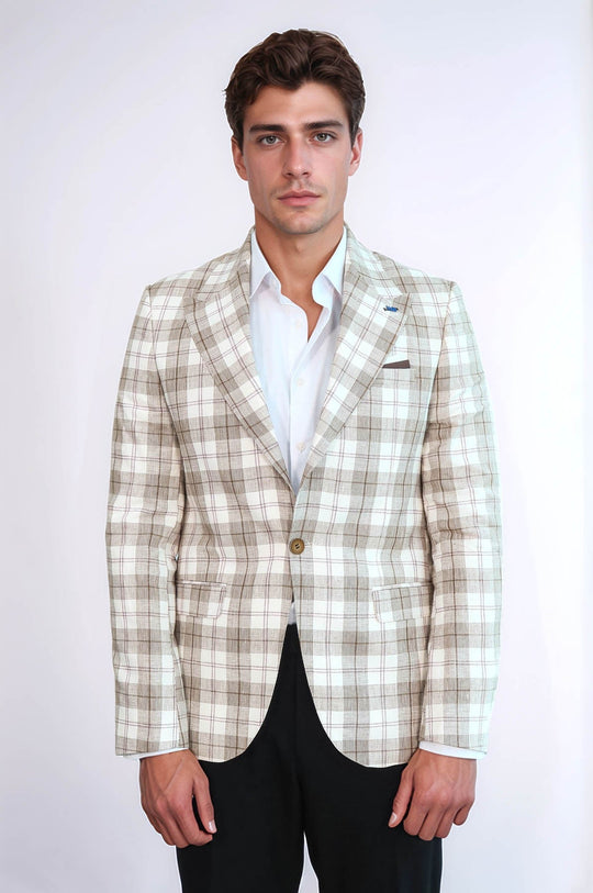 Men’s Beige Plaid Slim Fit Wide Peak Lapel Blazer