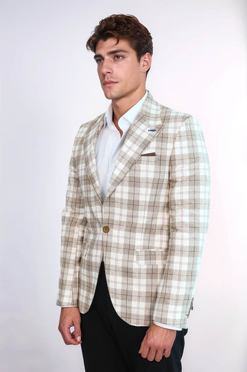 Men’s Beige Plaid Slim Fit Wide Peak Lapel Blazer