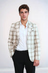Men’s Beige Plaid Slim Fit Wide Peak Lapel Blazer