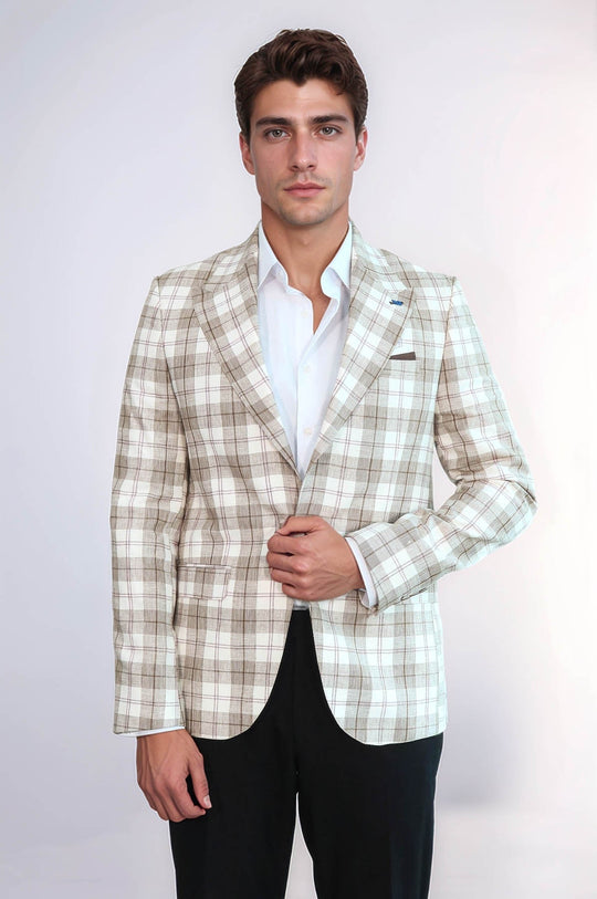 Men’s Beige Plaid Slim Fit Wide Peak Lapel Blazer