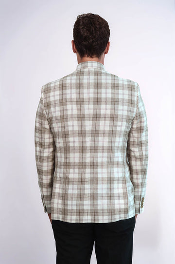 Men’s Beige Plaid Slim Fit Wide Peak Lapel Blazer