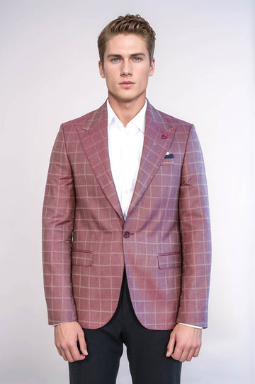 Men’s Burgundy Plaid Slim Fit Wide Peak Lapel Blazer