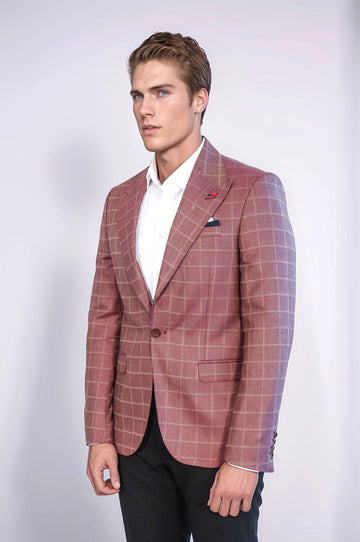 Men’s Burgundy Plaid Slim Fit Wide Peak Lapel Blazer