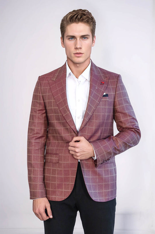 Men’s Burgundy Plaid Slim Fit Wide Peak Lapel Blazer