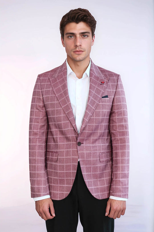 Checked Blazer Jacket – Burgundy Windowpane Slim Fit Men's Jacket