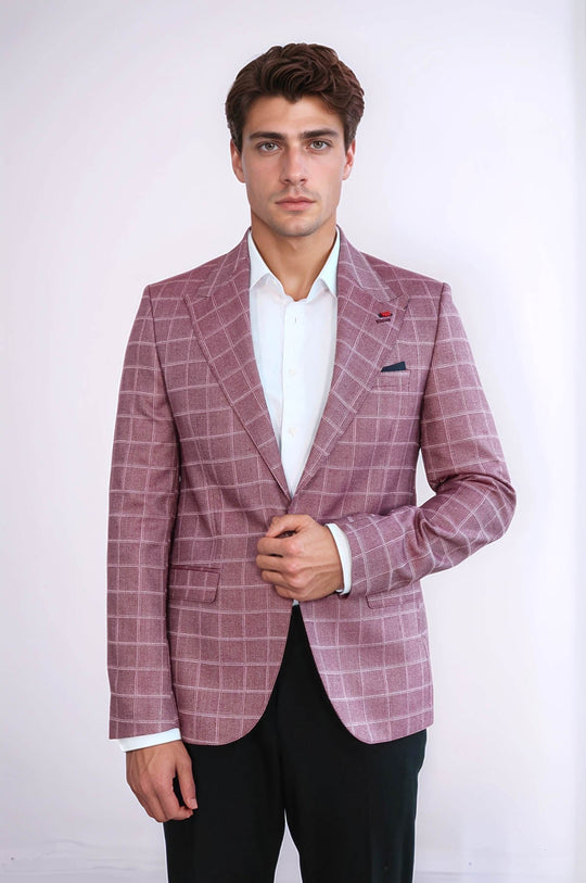 Checked Blazer Jacket – Burgundy Windowpane Slim Fit Men's Jacket