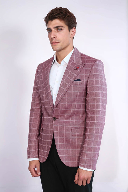 Checked Blazer Jacket – Burgundy Windowpane Slim Fit Men's Jacket