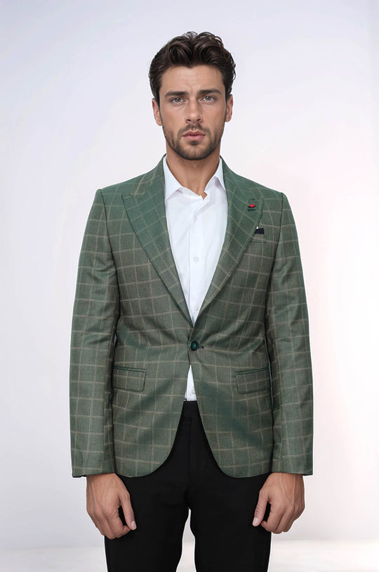 Slim Fit Green Windowpane Check Blazer