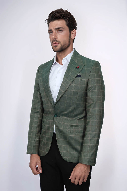 Slim Fit Green Windowpane Check Blazer