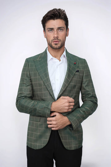 Slim Fit Green Windowpane Check Blazer