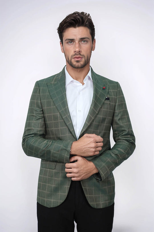 Slim Fit Green Windowpane Check Blazer