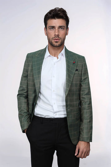 Slim Fit Green Windowpane Check Blazer