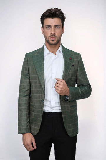 Slim Fit Green Windowpane Check Blazer