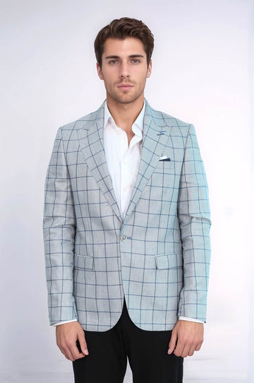 Men’s Light Blue Windowpane Check Slim Fit Peak Lapel Sport Blazer
