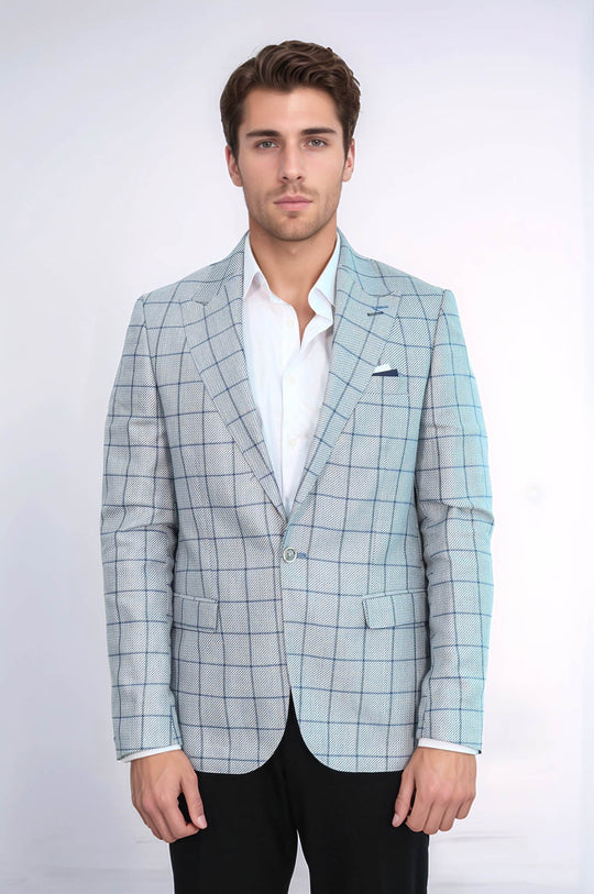 Men’s Light Blue Windowpane Check Slim Fit Peak Lapel Sport Blazer