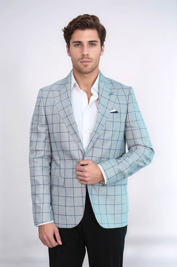Men’s Light Blue Windowpane Check Slim Fit Peak Lapel Sport Blazer
