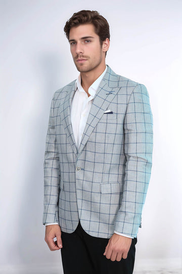 Men’s Light Blue Windowpane Check Slim Fit Peak Lapel Sport Blazer
