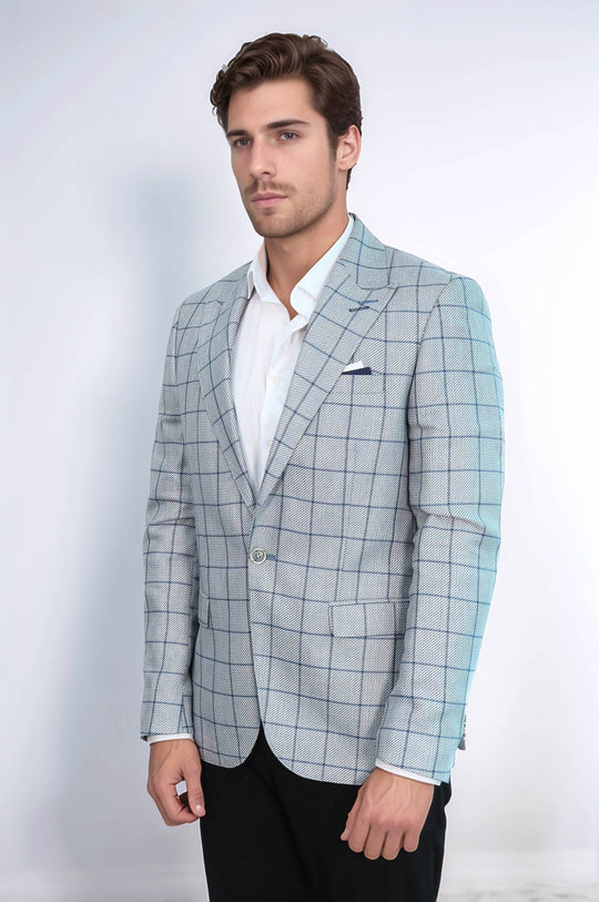 Men’s Light Blue Windowpane Check Slim Fit Peak Lapel Sport Blazer