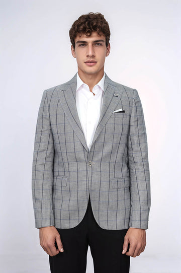 Men’s Grey Textured Slim Fit Peak Lapel Blazer