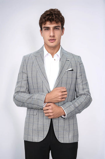 Men’s Grey Textured Slim Fit Peak Lapel Blazer