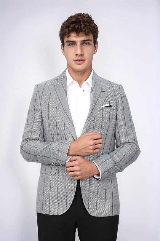 Men’s Grey Textured Slim Fit Peak Lapel Blazer