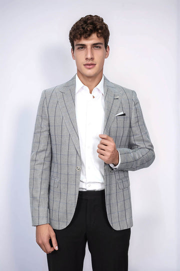 Men’s Grey Textured Slim Fit Peak Lapel Blazer