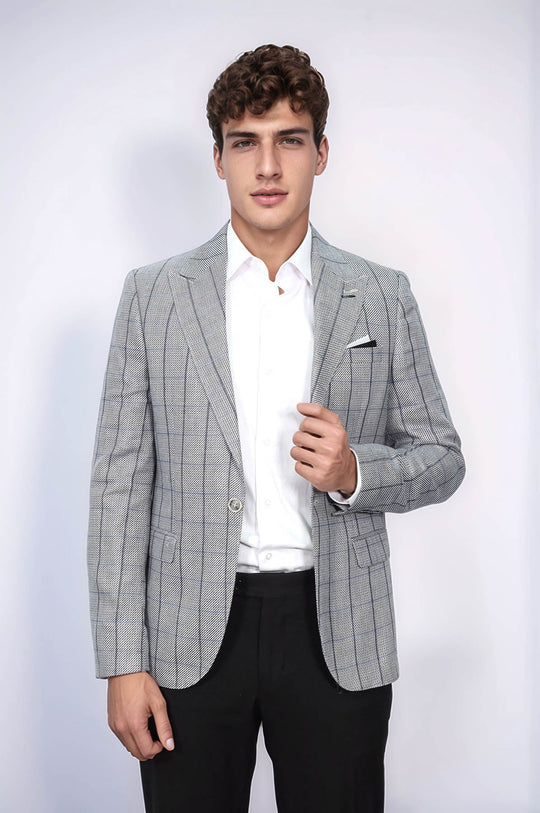 Men’s Grey Textured Slim Fit Peak Lapel Blazer