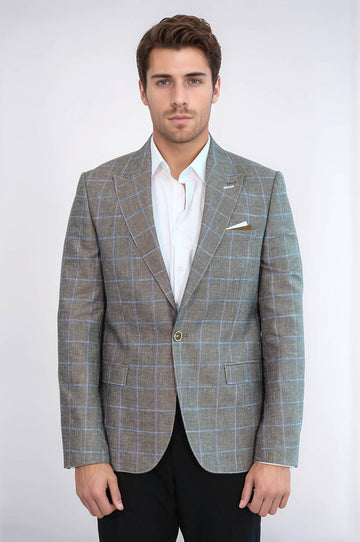 Men’s Brown & Blue Windowpane Check Slim Fit Peak Lapel Sport Blazer