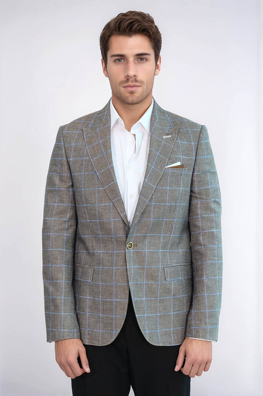 Men’s Brown & Blue Windowpane Check Slim Fit Peak Lapel Sport Blazer