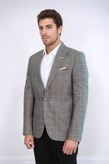 Men’s Brown & Blue Windowpane Check Slim Fit Peak Lapel Sport Blazer
