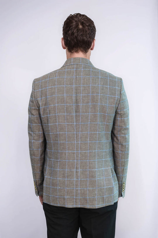 Men’s Brown & Blue Windowpane Check Slim Fit Peak Lapel Sport Blazer