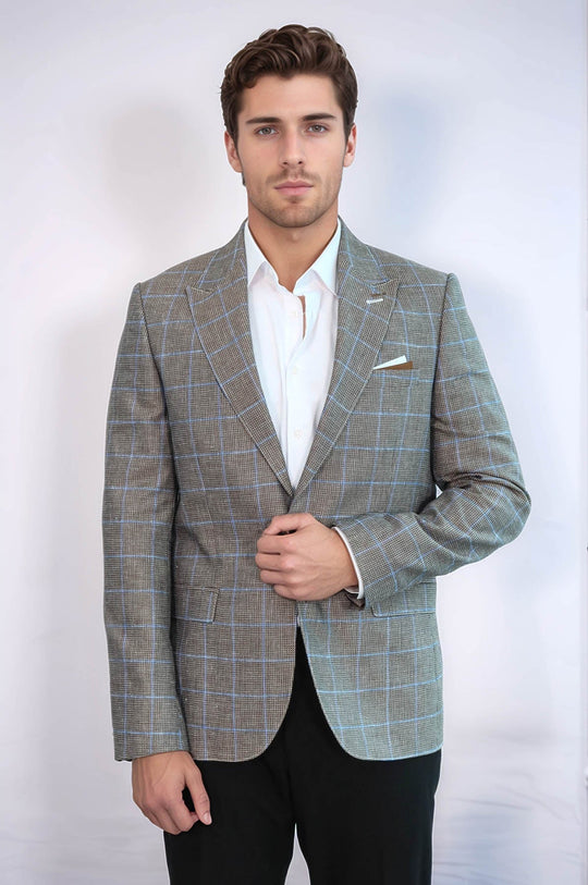 Men’s Brown & Blue Windowpane Check Slim Fit Peak Lapel Sport Blazer