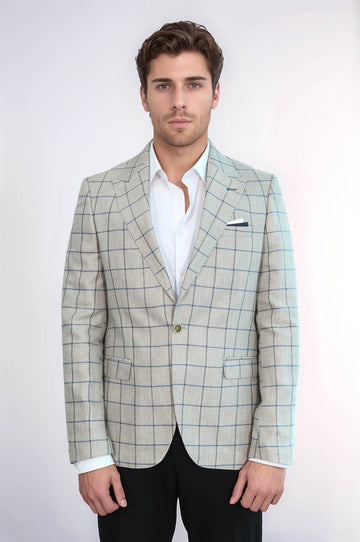 Men’s Beige Textured Slim Fit Peak Lapel Blazer