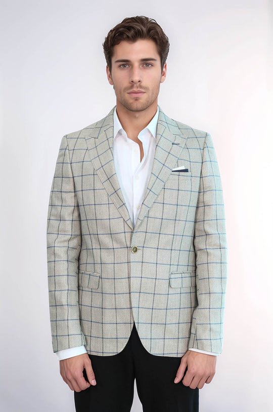 Men’s Beige Textured Slim Fit Peak Lapel Blazer