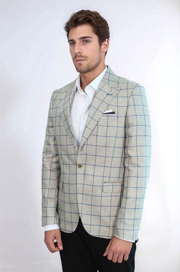 Men’s Beige Textured Slim Fit Peak Lapel Blazer