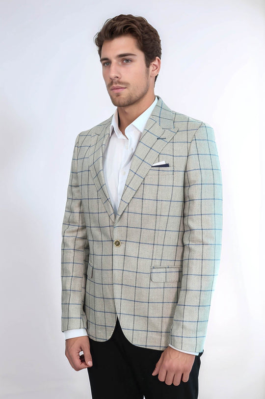 Men’s Beige Textured Slim Fit Peak Lapel Blazer