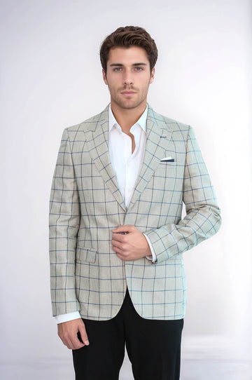 Men’s Beige Textured Slim Fit Peak Lapel Blazer