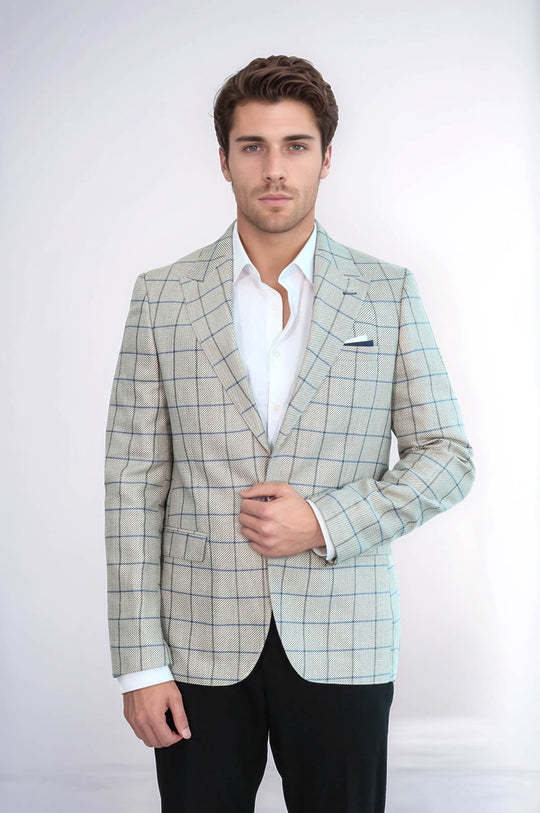 Men’s Beige Textured Slim Fit Peak Lapel Blazer