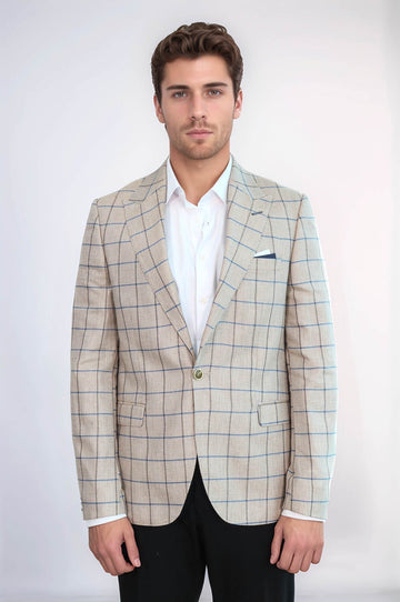 Men’s Beige Windowpane Checked Slim Fit Peak Lapel Blazer