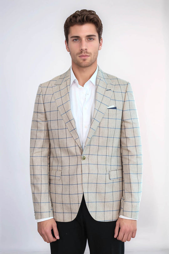 Men’s Beige Windowpane Checked Slim Fit Peak Lapel Blazer